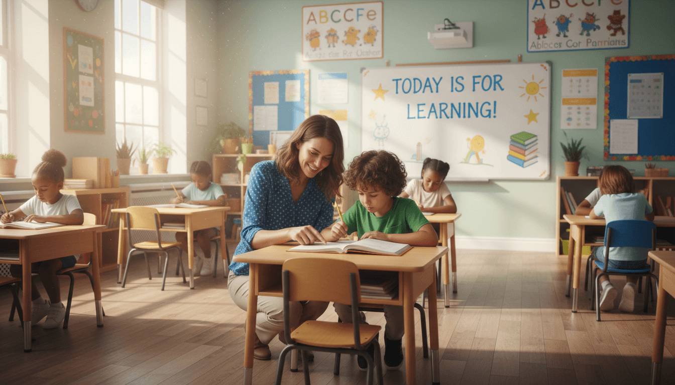 Teacher helping a young student at a desk in a bright classroom, engaged learning