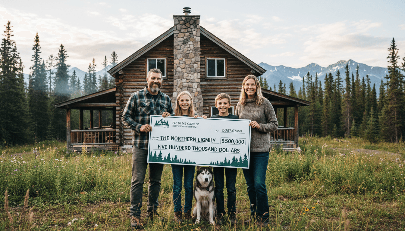 Alaskan family smiling in front of their home, holding a check, natural light, candid