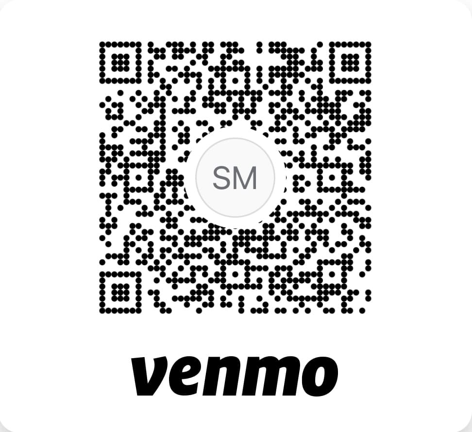 Dotted QR code with initials SM in a white circle and the Venmo logo below.
