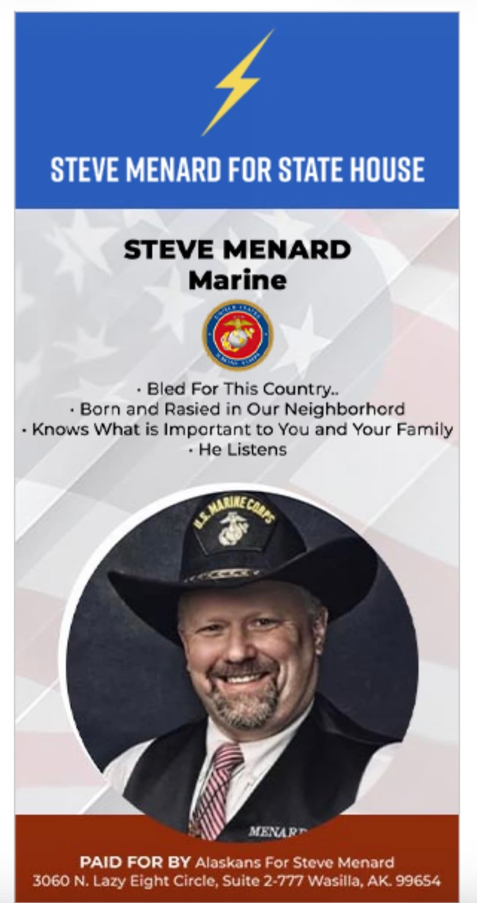 Steve Menard for State House campaign flyer featuring a Marine veteran in a cowboy hat.
