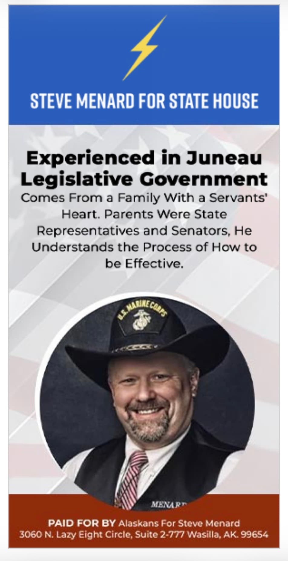 Steve Menard for State House campaign flyer featuring his portrait and legislative experience details.
