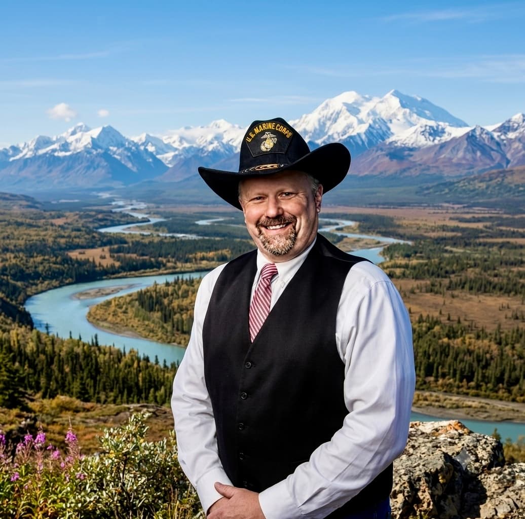 Smiling man in a Marine Corps cowboy hat and vest before snow-capped mountains and river.